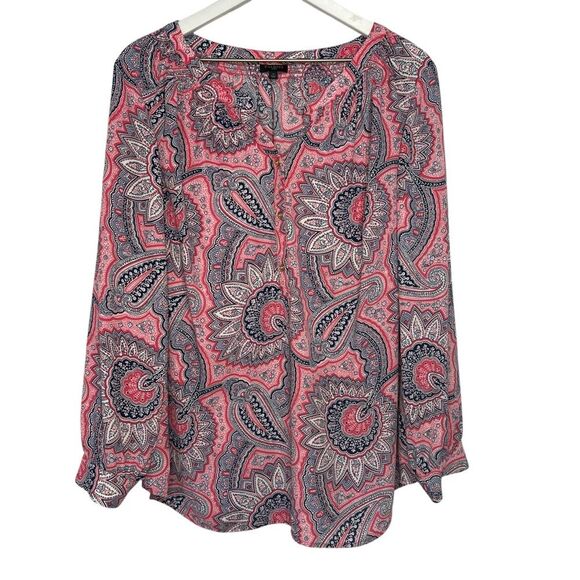 Talbots Paisley Split Neck Blouse Womens X Pink Black Long Sleeve Popover Top - Picture 1 of 6
